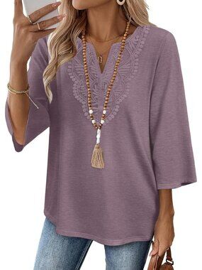 Women's Tops Taro Purple 3/4 Length Sleeve V Neck Lace Casual Vacation Clothes